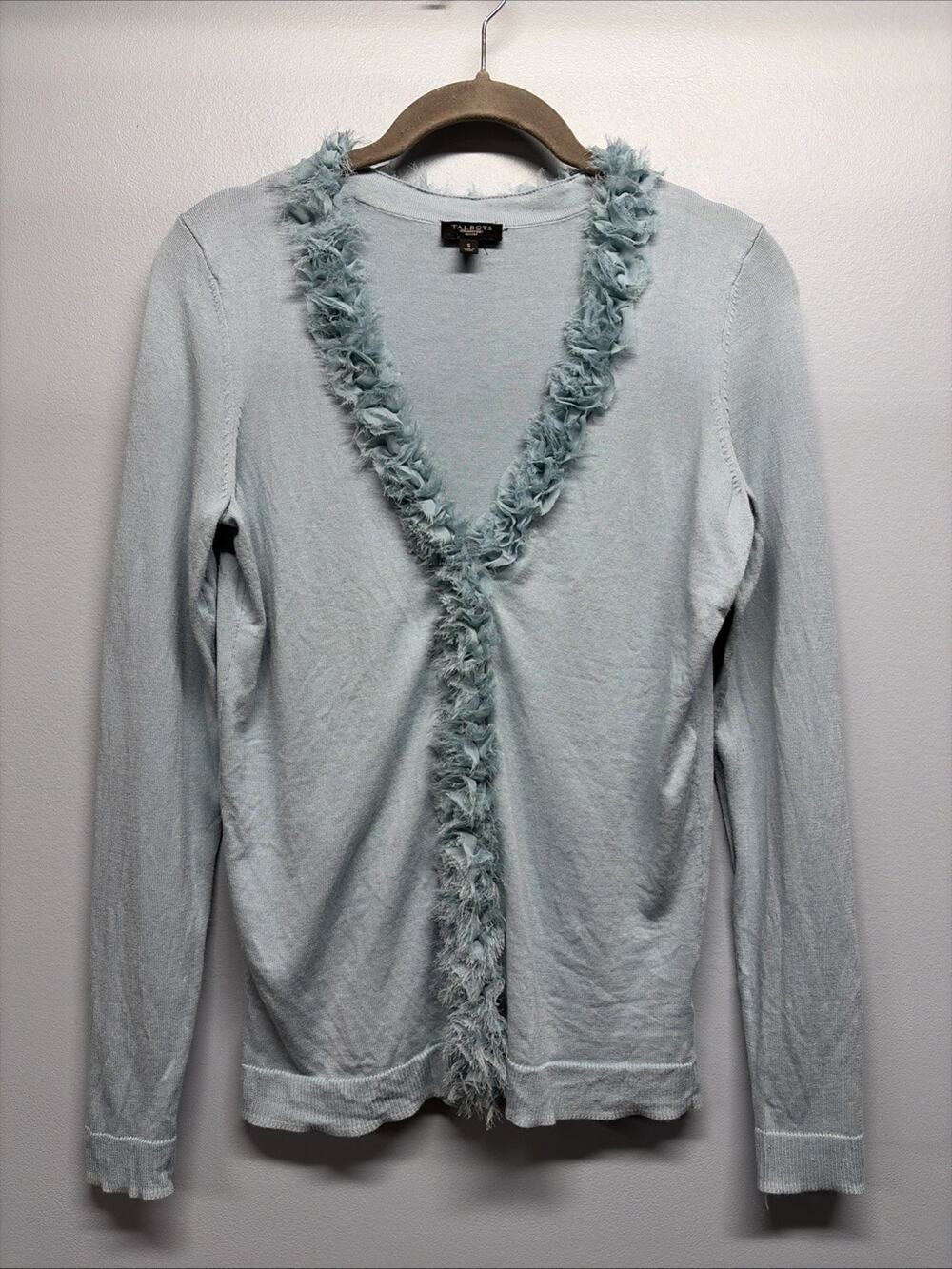 Talbots Womens Light Blue Eyelash Fringe Trim V-Neck Cardigan Sweater Large